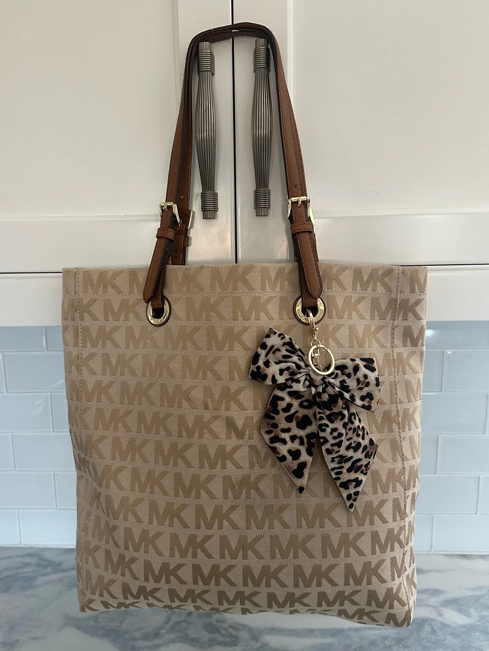 Michael Kors Jet Set Signature Tan and Brown MK Logo Shoulder Tote
